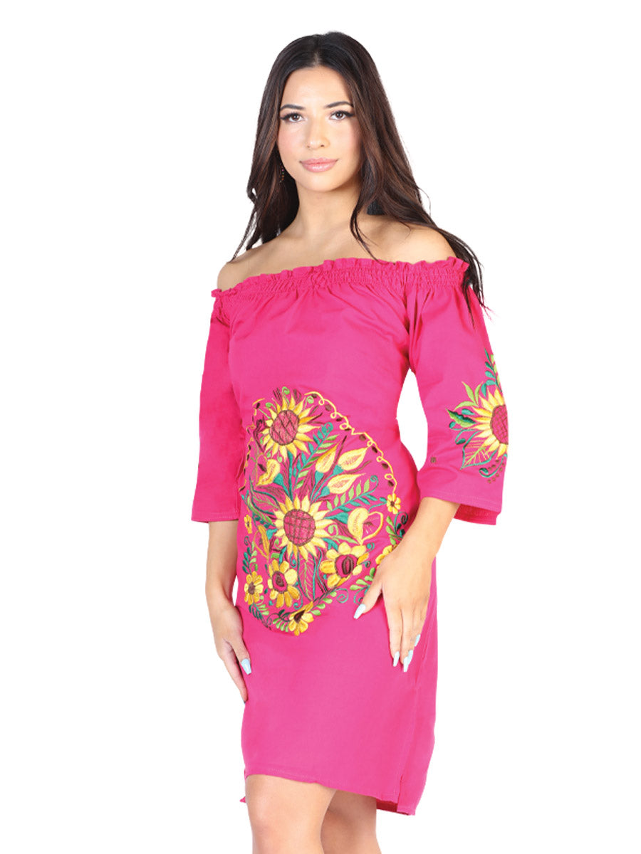 Vestido Bordado Artesanal 100% Algodón Fucsia 602480