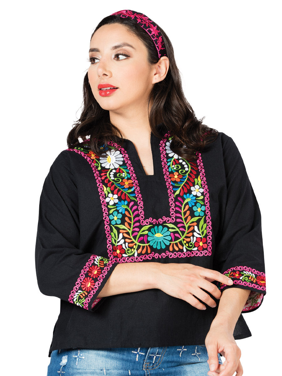Blusa Bordada Artesanal 100% Algodón Negra 603059