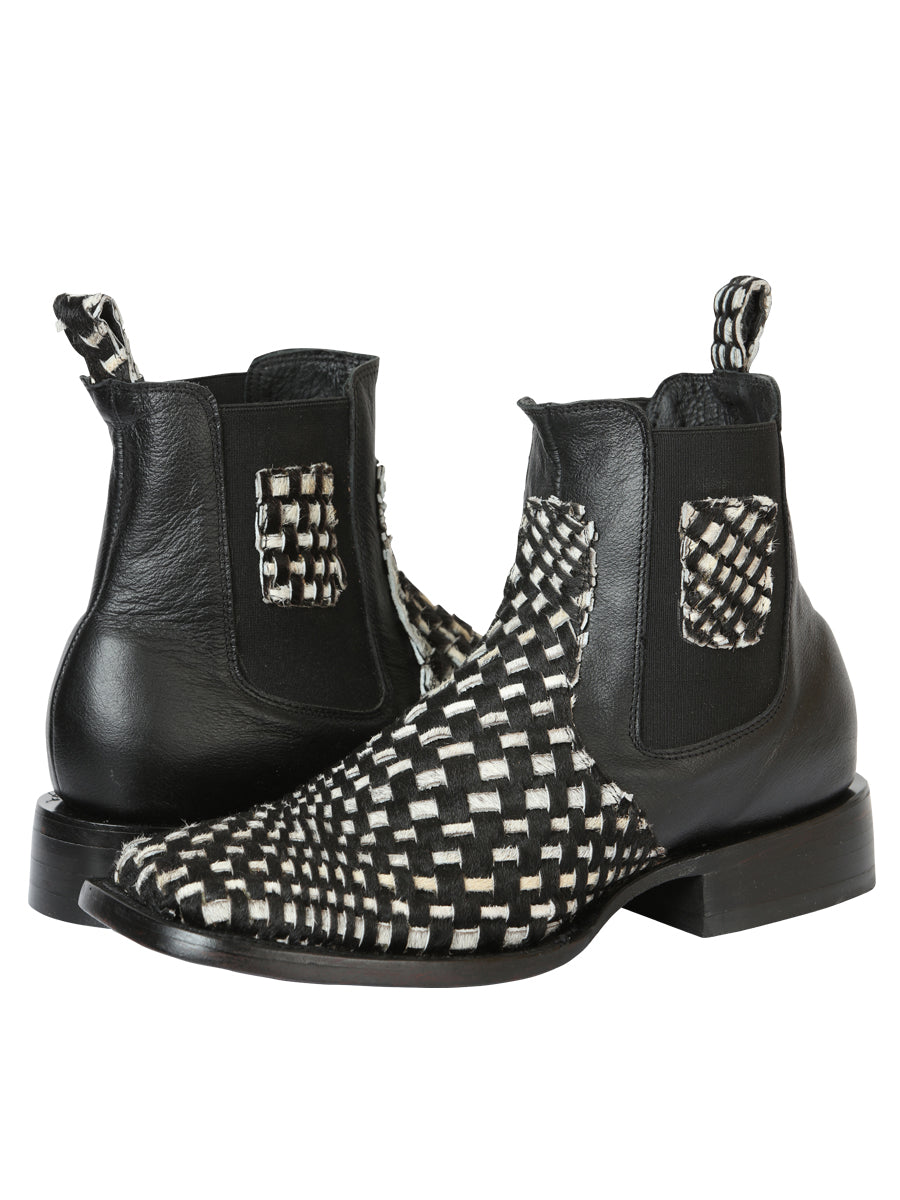 El General Men’s Rodeo Ankle Boots  Woven Hair-On Leather - Black/White 45175