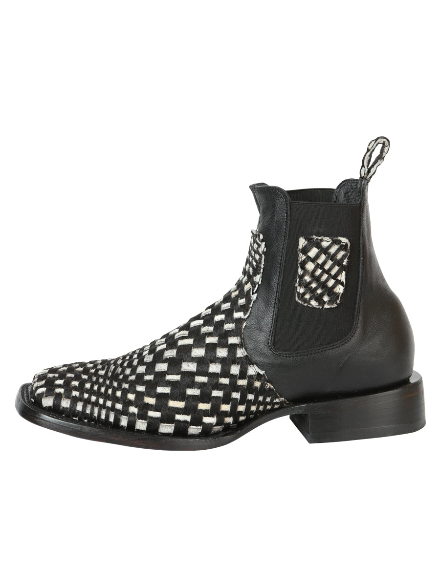 El General Men’s Rodeo Ankle Boots  Woven Hair-On Leather - Black/White 45175