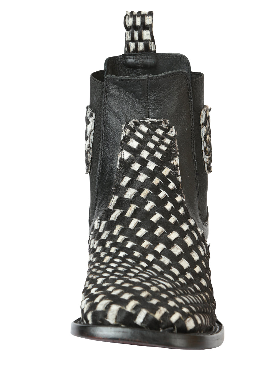 El General Men’s Rodeo Ankle Boots  Woven Hair-On Leather - Black/White 45175