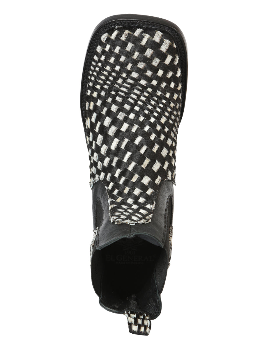 El General Men’s Rodeo Ankle Boots  Woven Hair-On Leather - Black/White 45175