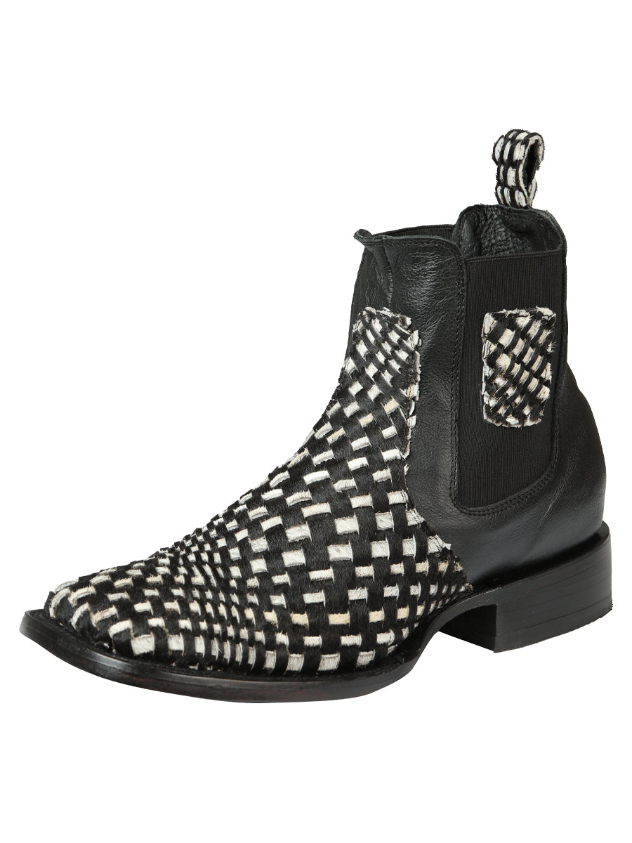 El General Men’s Rodeo Ankle Boots  Woven Hair-On Leather - Black/White 45175