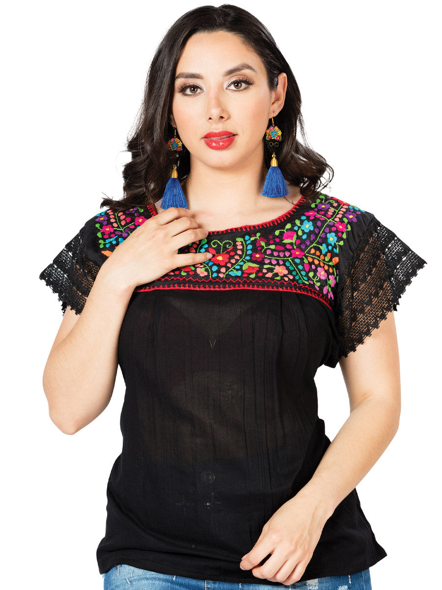 Blusa Bordada Artesanal 100% Algodón Negra 603098