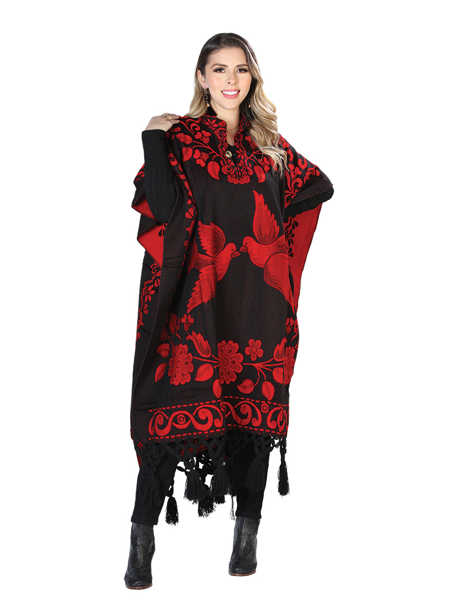 Artisanal Mexican Poncho 92% Acylic, 8% Polyester Black/Red 603831